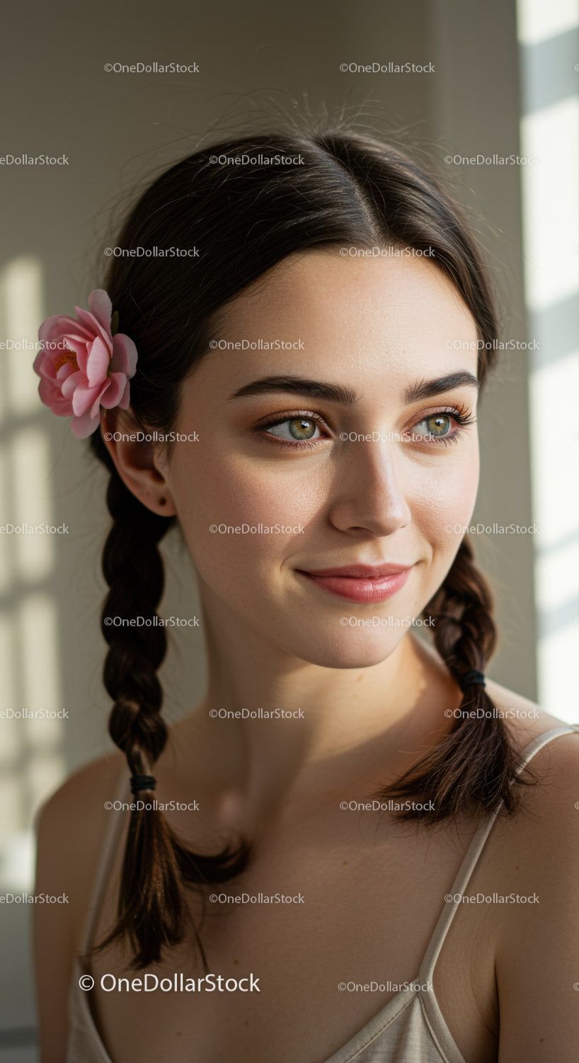 Young Woman with Braided Hair and Pink Flower Accessory