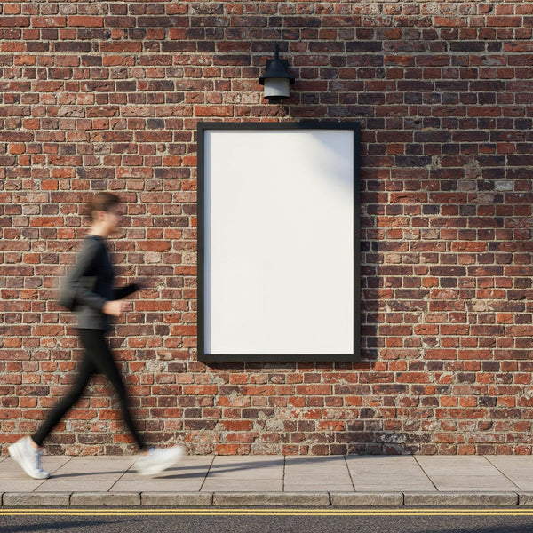 Urban Blank Poster on Brick Wall with Walking Woman JPG Mockup Image
