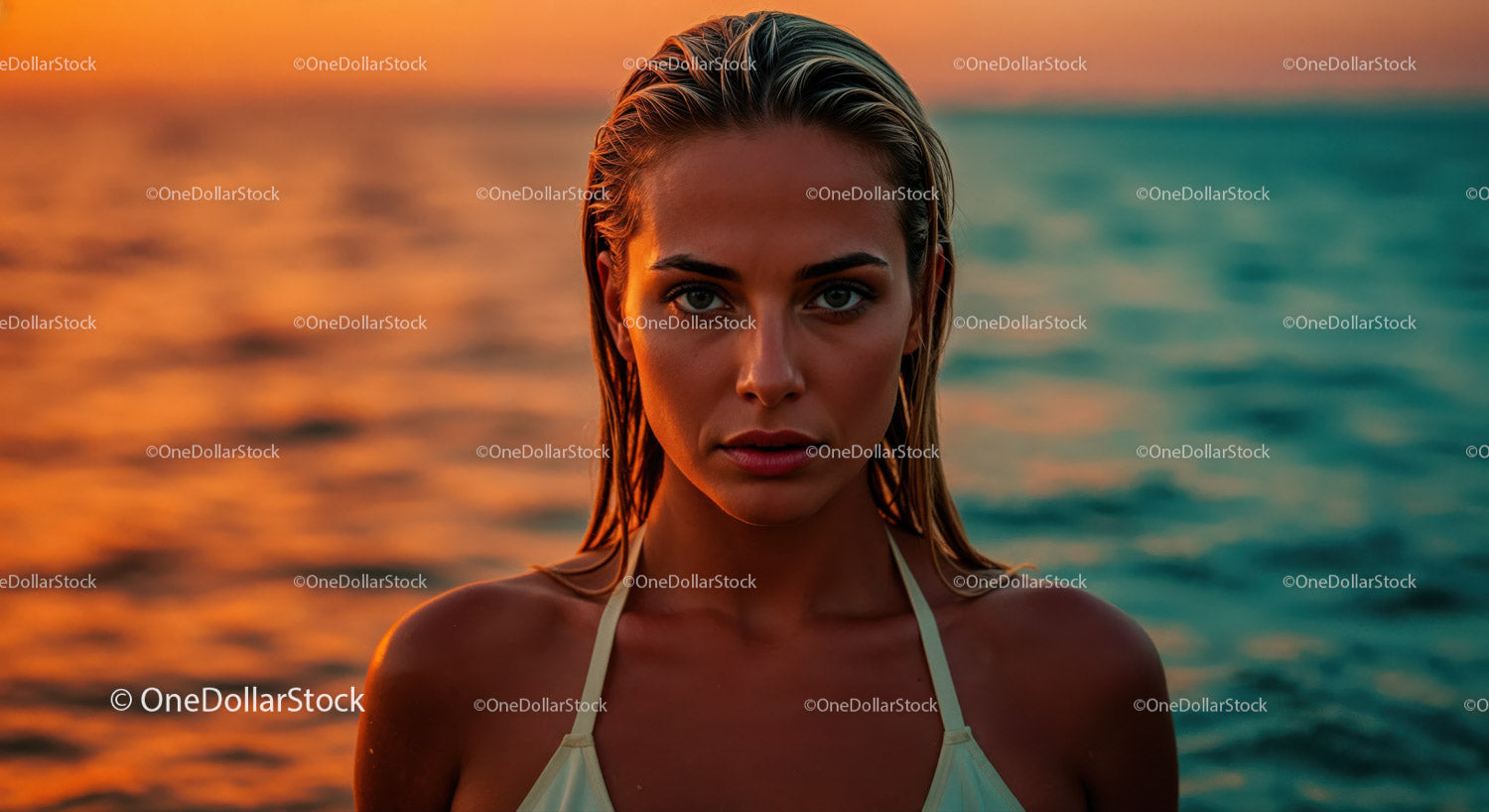 Close-Up of a Woman with Wet Hair and Water Droplets at Sunset