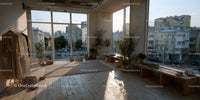 Bright Urban Interior with Large Windows and Indoor Plants