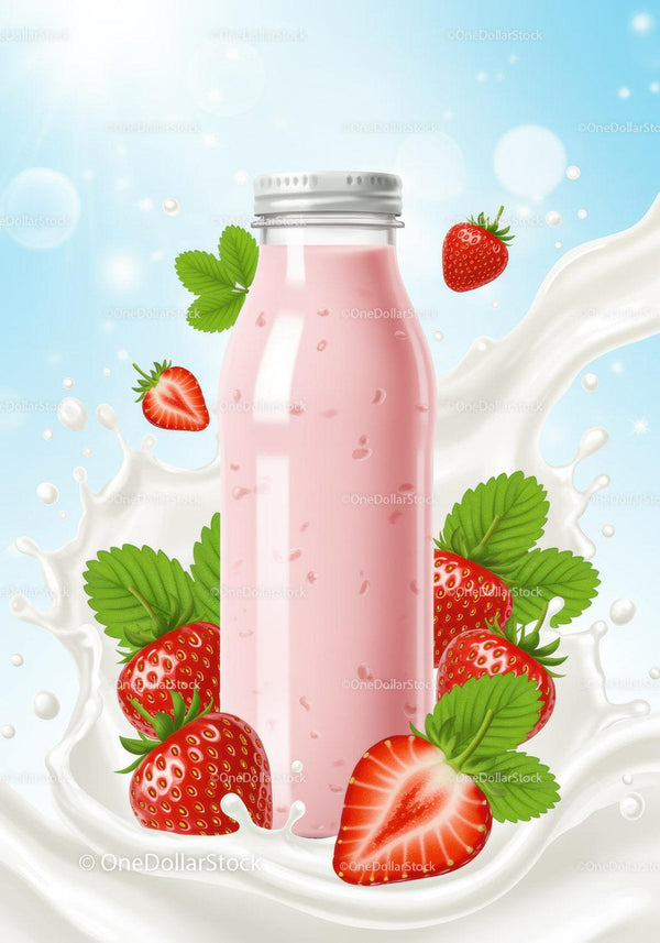 Refreshing Strawberry Smoothie in Bottle with Milk Splash JPG Mockup Image