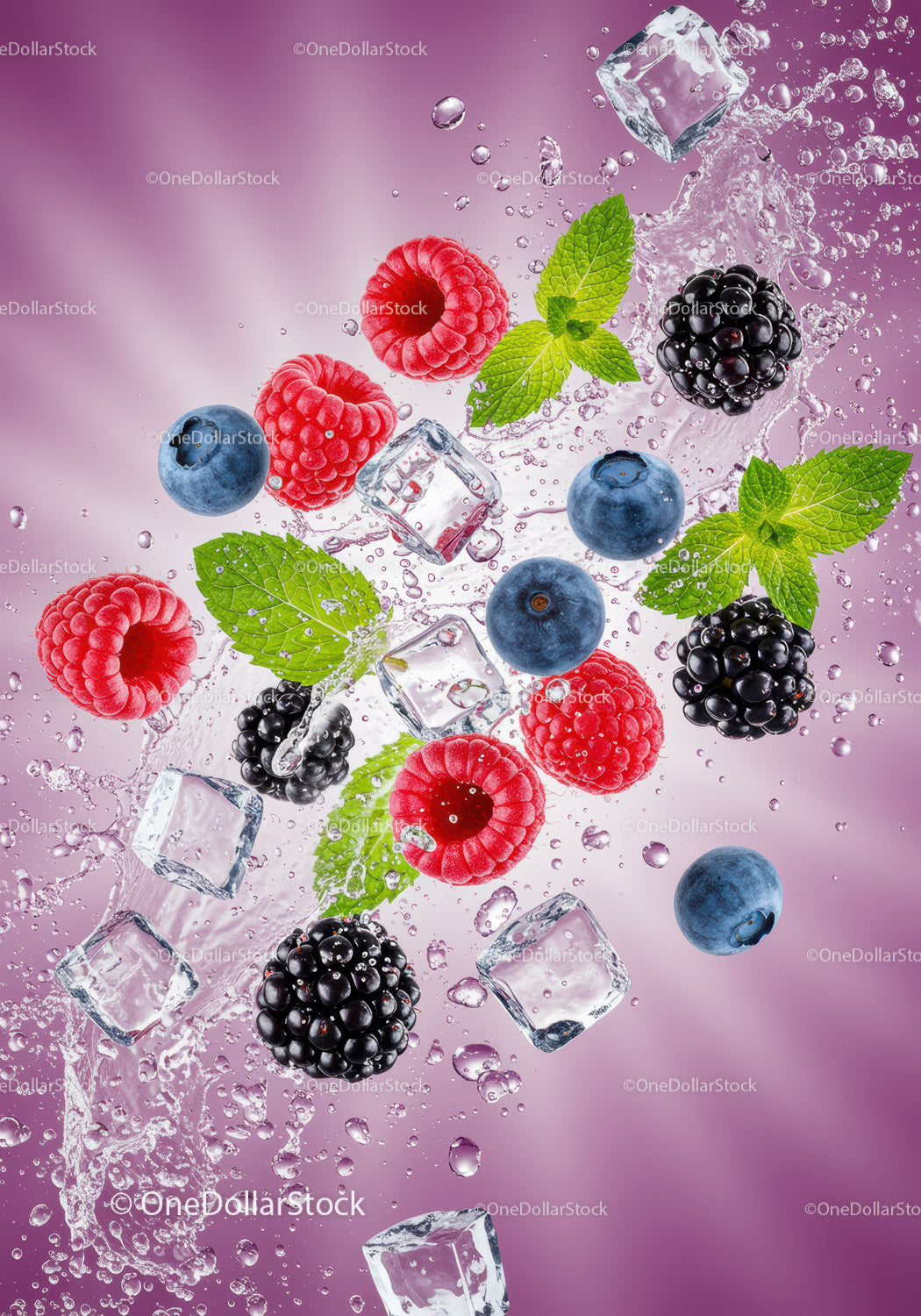 Fresh Mixed Berries Splashing with Ice Cubes and Mint
