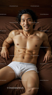 Relaxed shirtless man lying on bed with confident smile