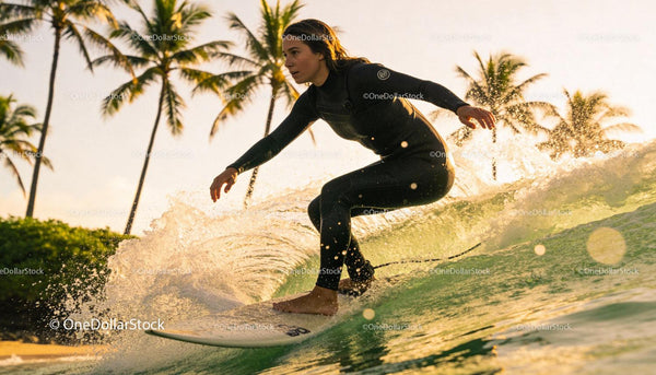 Woman Surfing Close to Shore at Sunset with Palm Trees