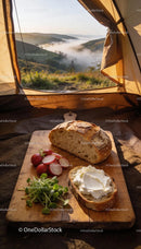 Fresh bread with cream cheese in scenic tent view