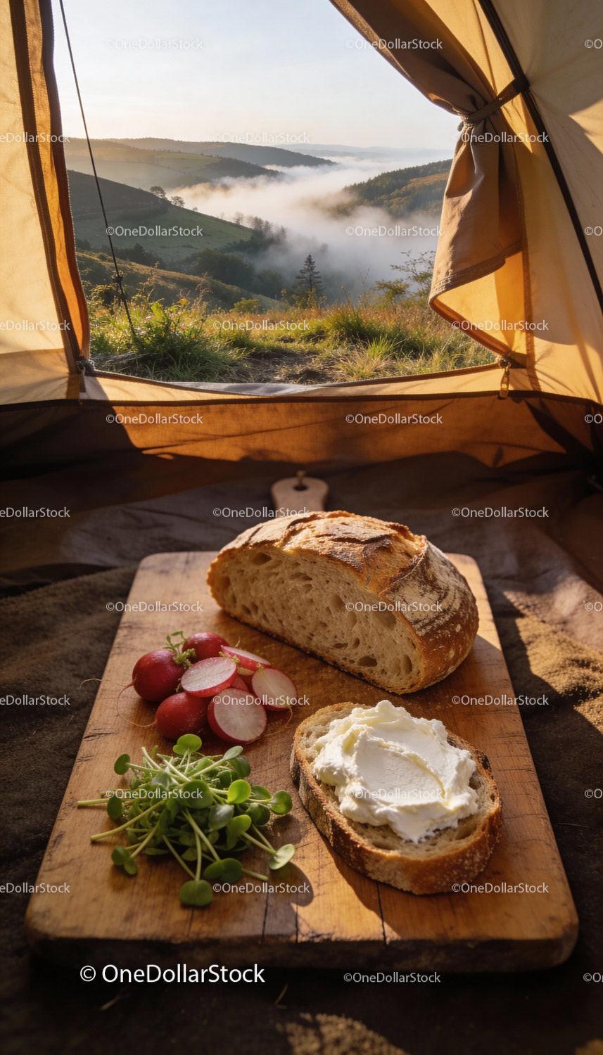 Fresh bread with cream cheese in scenic tent view