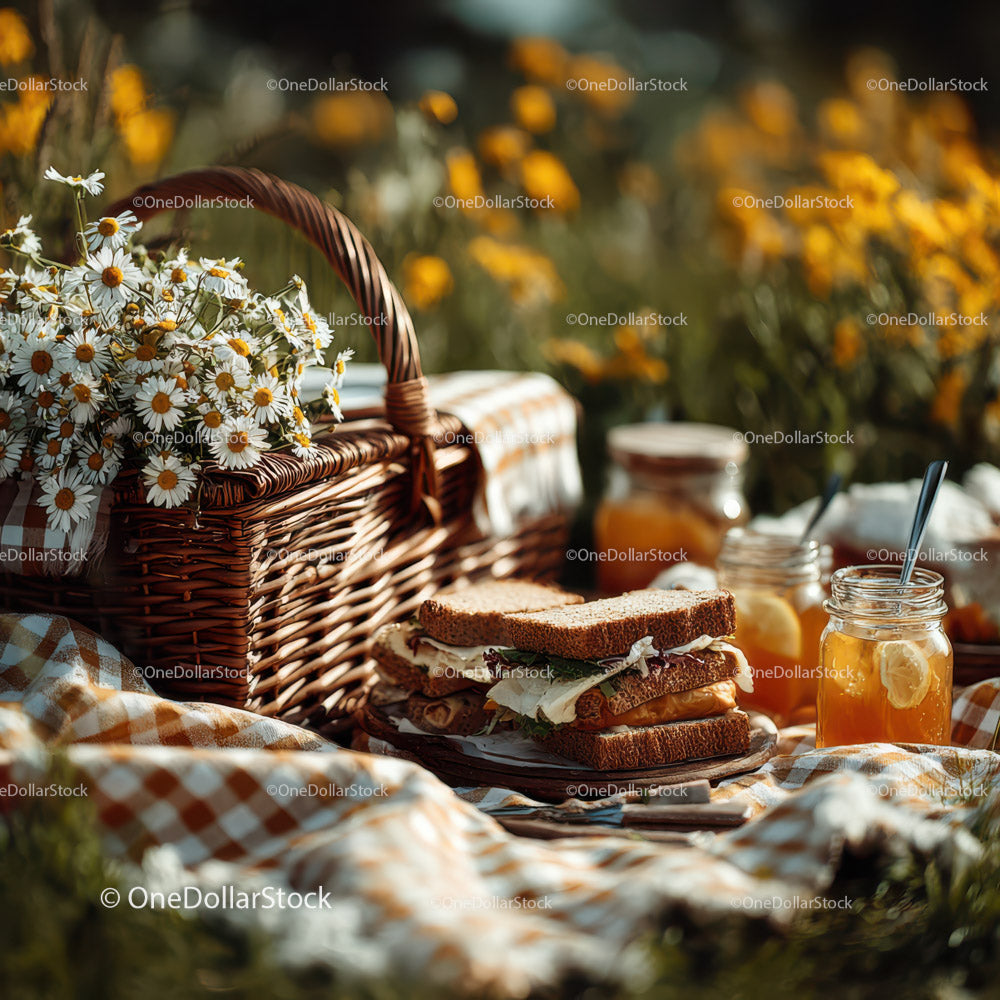 Picnic Scene with Daisy Flower Bouquet and Fresh Sandwiches in Sunlit Garden