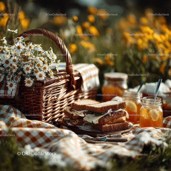 Scena piknikowa z bukietem stokrotek i świeżymi kanapkami w słonecznym ogrodzie