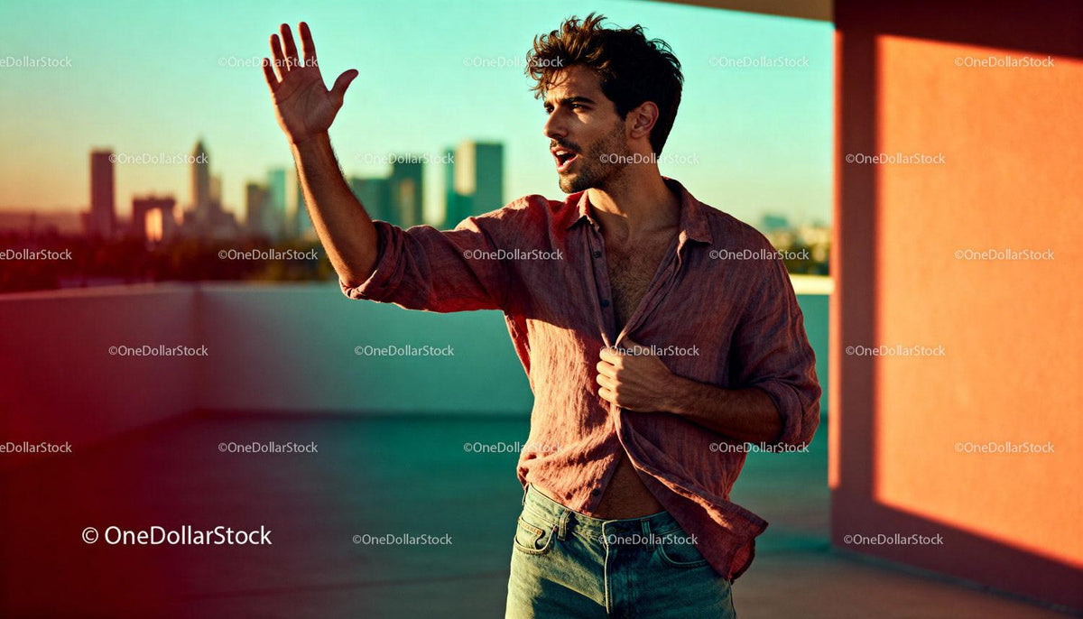 Young man gesturing outdoors with urban skyline backdrop