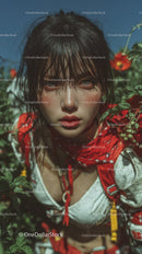 Young Woman in Red Bandana with Green Foliage Background