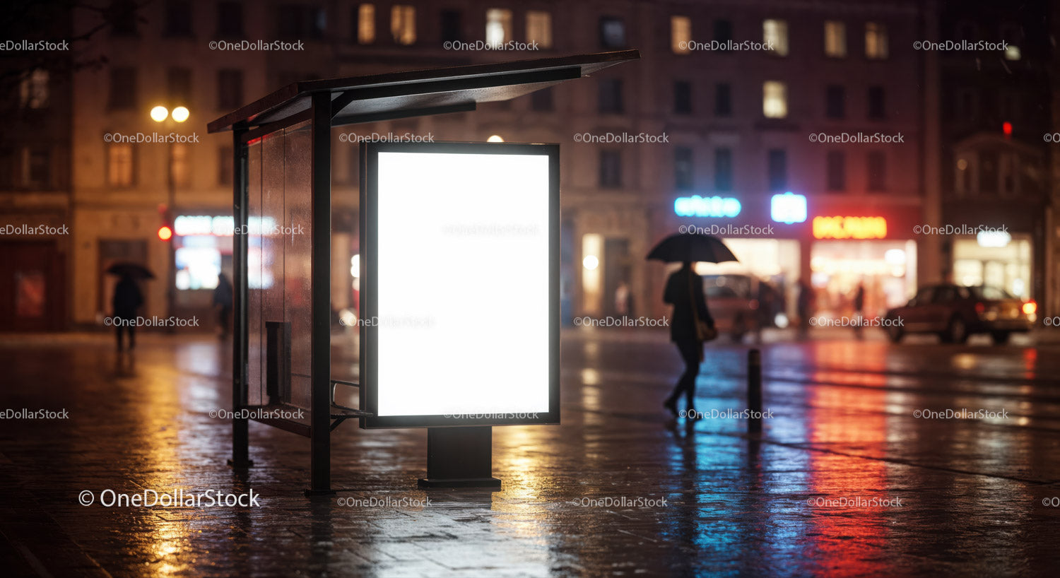 Urban Bus Stop Shelter with Bright Advertising Screen on Rainy Night