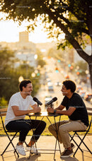 Two friends enjoying outdoor podcast conversation