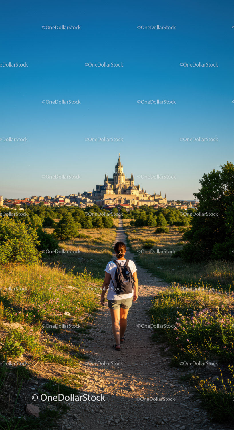 Woman Hiking Toward a Castle on a Sunny Summer Day