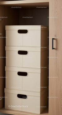 Stack of Beige Storage Boxes in Closet for Organization and Home Decor