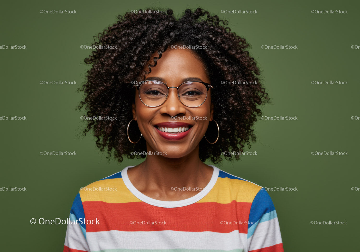 Portrait of a Smiling Woman with Curly Hair and Glasses in Colorful Striped Shirt