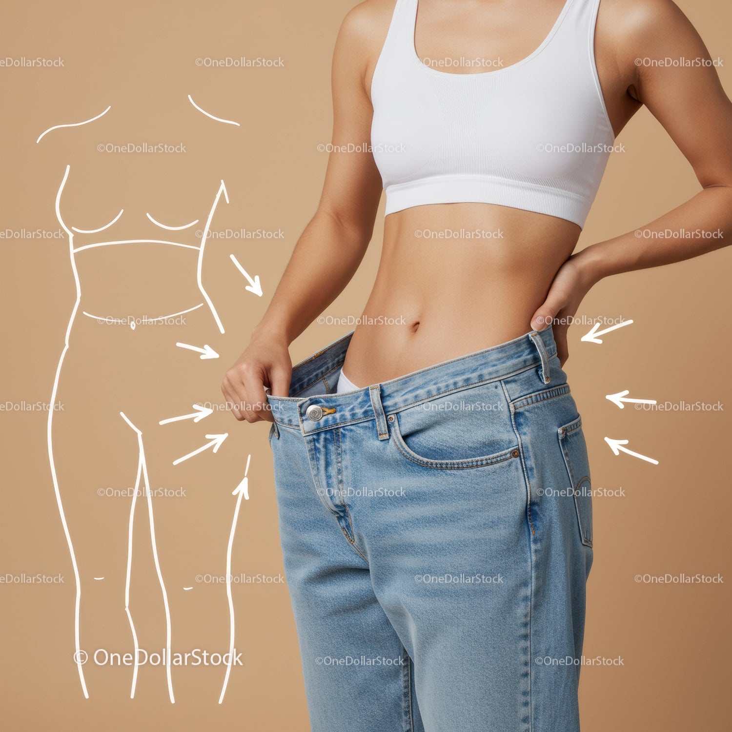 Woman in jeans measuring waist with casual style and fit focus