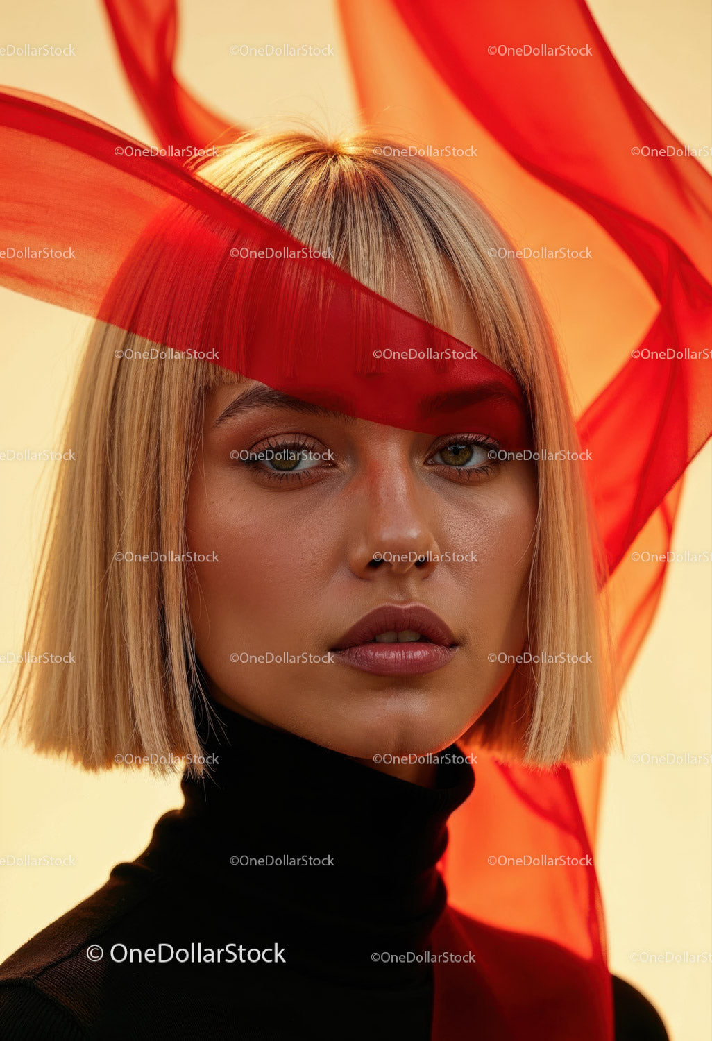 Creative Artistic Makeup Portrait with Red Face Paint and Blonde Hair
