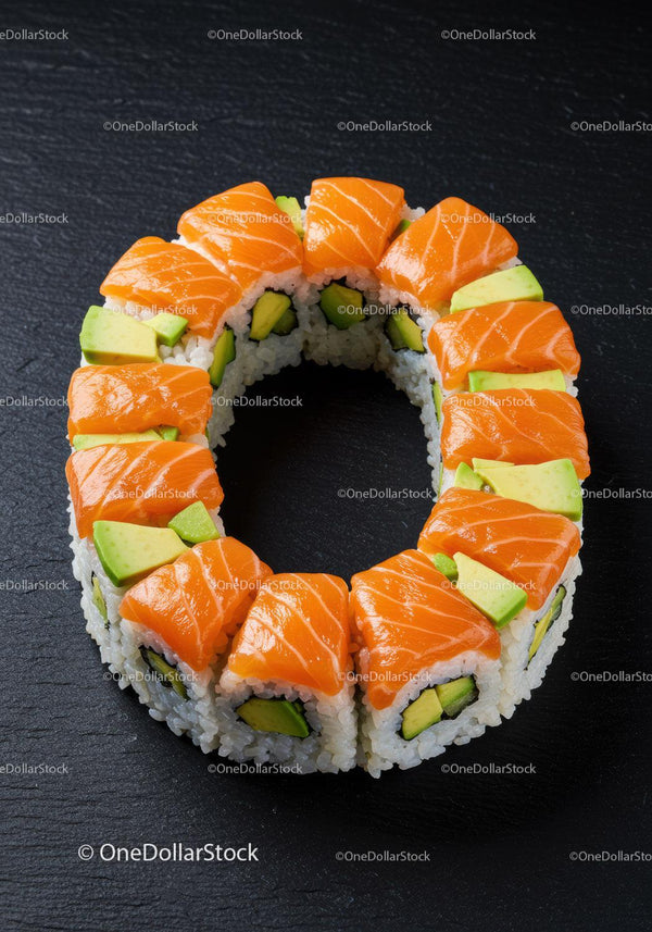 Fresh salmon and avocado sushi ring on black slate