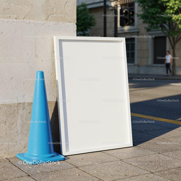 Blank white frame resting next to blue traffic cone outdoors JPG Mockup Image