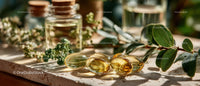 Herbal Essential Oils in Glass Bottles with Green Leaves on Wooden Surface