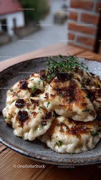 Delicious Fried Potstickers with Soy-Glazed Onion Garnish in a Rustic Bowl