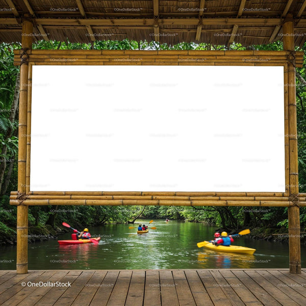 People Kayaking Down a Serene River Surrounded by Forest JPG Mockup Image