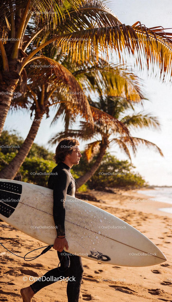 Surfer walking on sandy beach at golden hour with palm trees