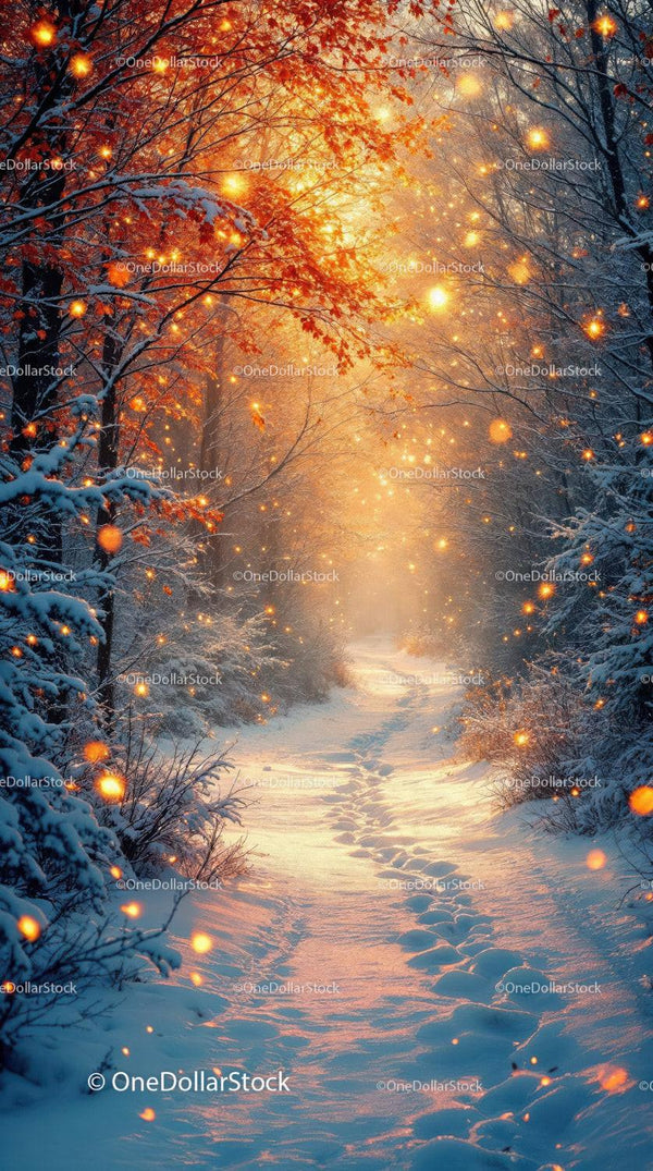 Snowy Pathway Illuminated by Golden Autumn Glow