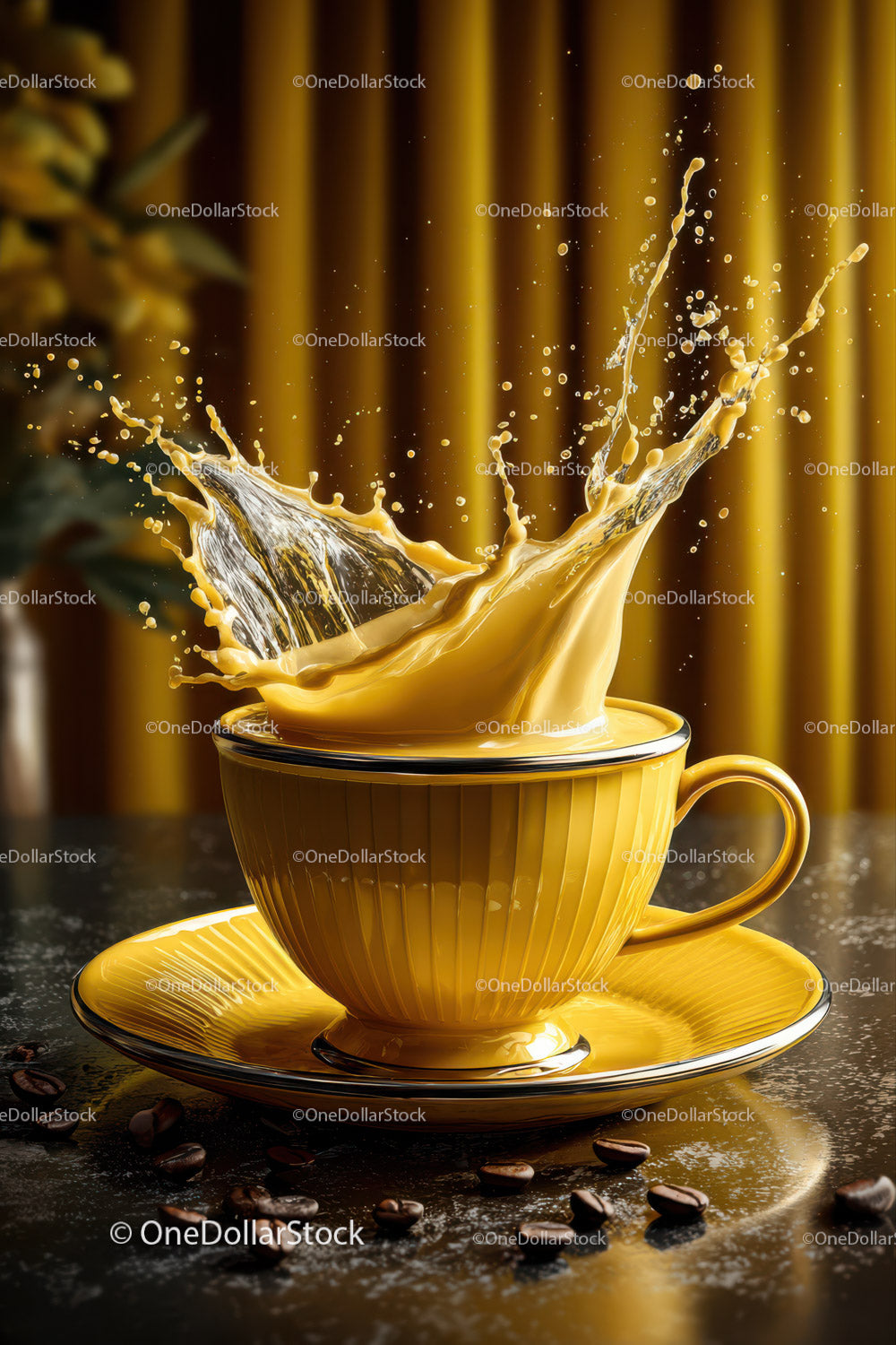 Vibrant Yellow Coffee Cup with Splash and Coffee Beans