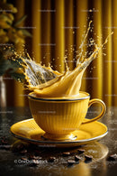 Vibrant Yellow Coffee Cup with Splash and Coffee Beans