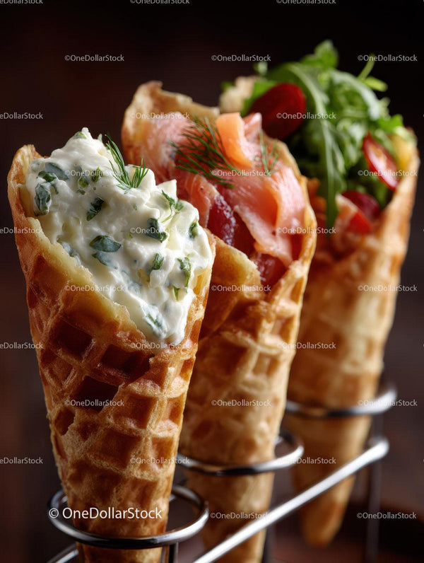 Cold Creamy Yogurt in Crispy Waffle Cones with Fresh Vegetables