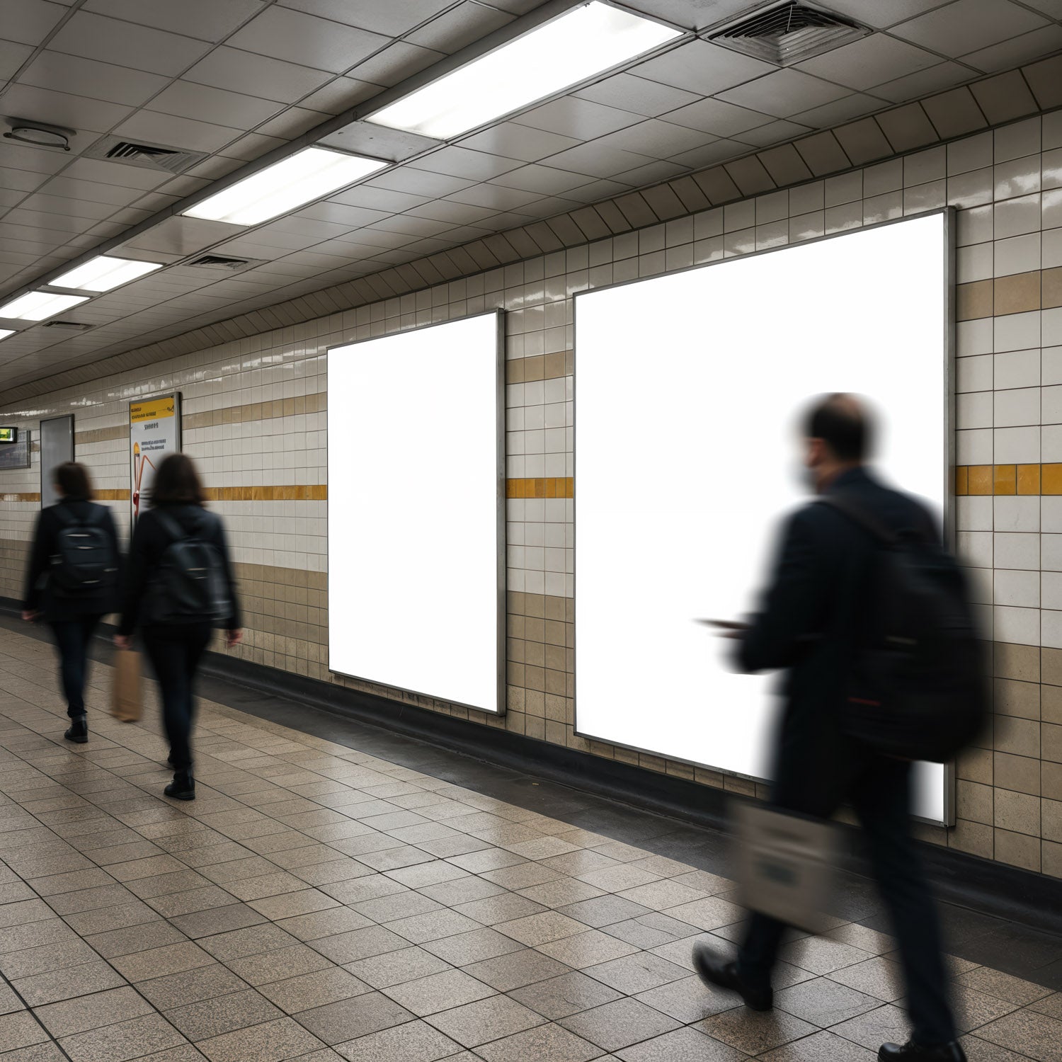 Ludzie przechodzący obok pustych paneli reklamowych w metrze