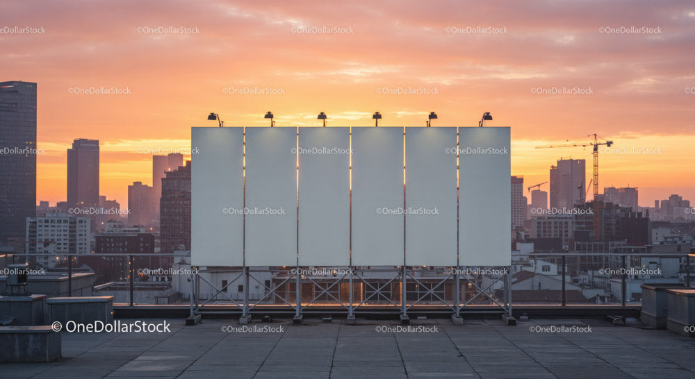 City Skyline with Construction Cranes and Sunset Sky