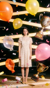 Young woman standing among balloons and vintage trophies