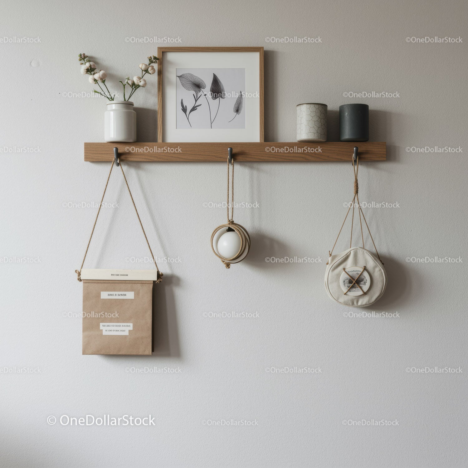 Minimalist Wall Shelf with Botanical Artwork and Hanging Decor