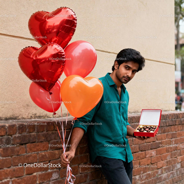 Man holding heart balloons and chocolates for Valentines