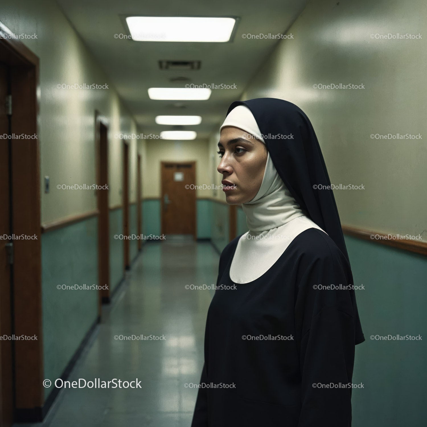 Confident Nurse in Hospital Corridor With Serious Expression