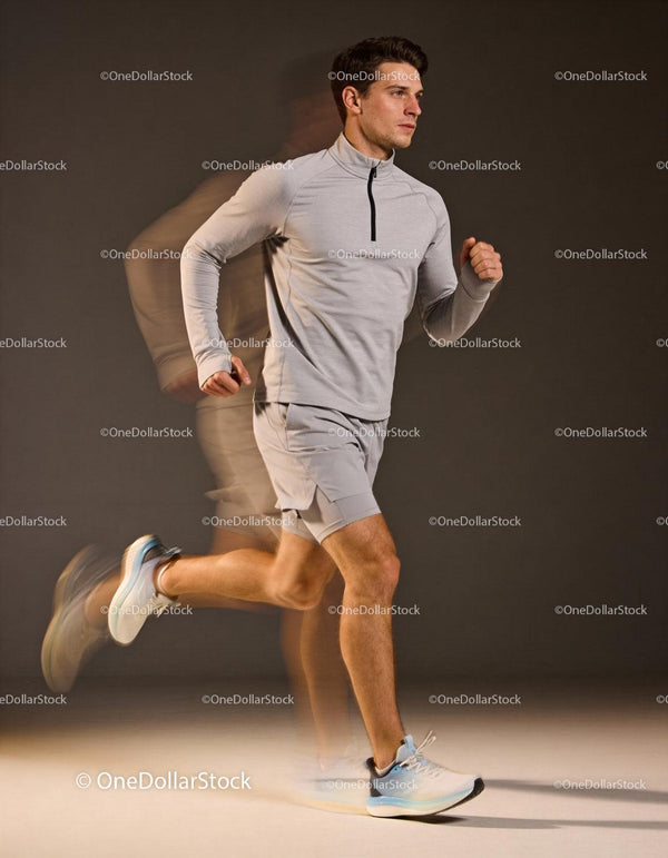 Focused young man jogging indoors in athletic wear