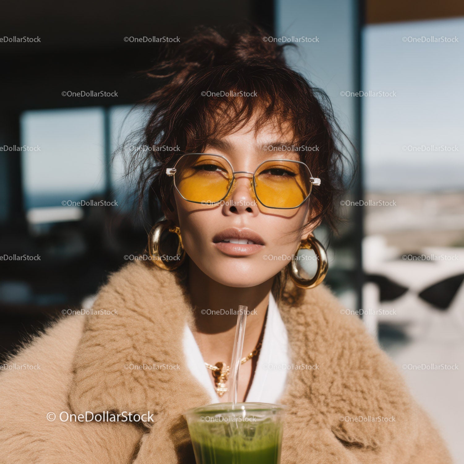 Fashionable Woman with Yellow Sunglasses Eating Green Smoothie on Rooftop
