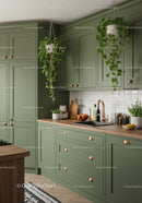 Modern Green Kitchen with Hanging Plants and Copper Hardware