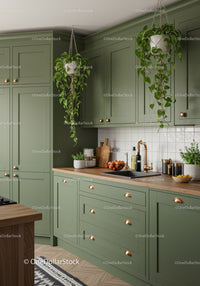 Modern Green Kitchen with Hanging Plants and Copper Hardware