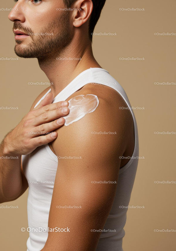 Man Applying Sunscreen on Shoulder for Skin Protection at the Beach