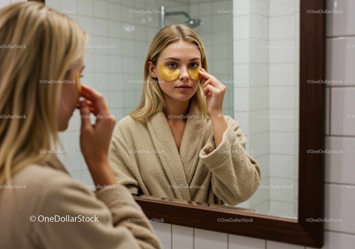 Young Woman Applying Facial Masks in Bathroom Mirror