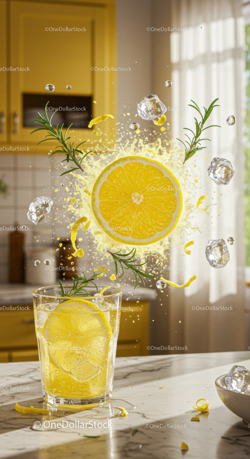Refreshing Lemonade with Ice and Rosemary on Kitchen Counter