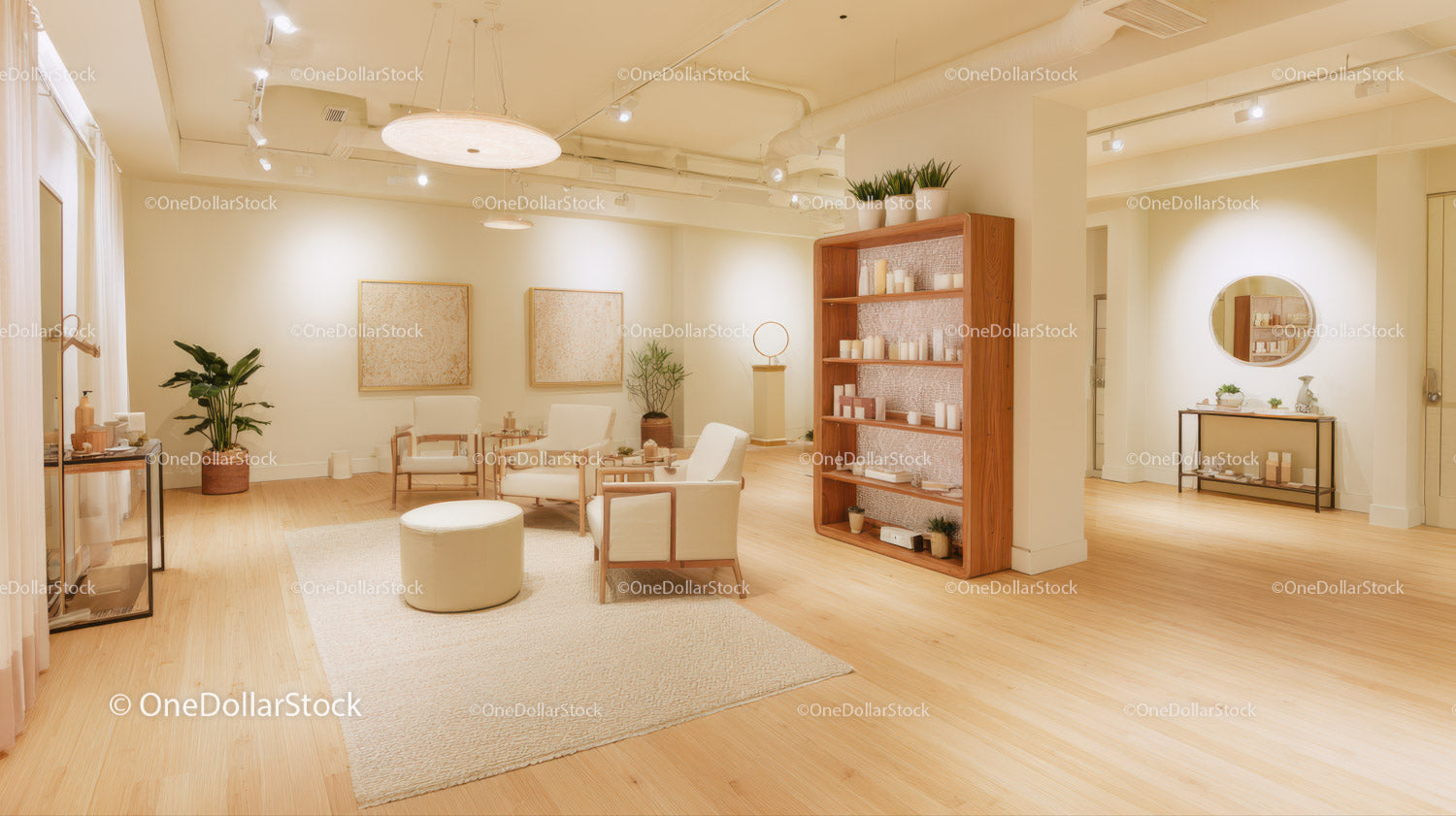 Elegancki, nowoczesny salon z drewnianymi półkami i roślinami doniczkowymi