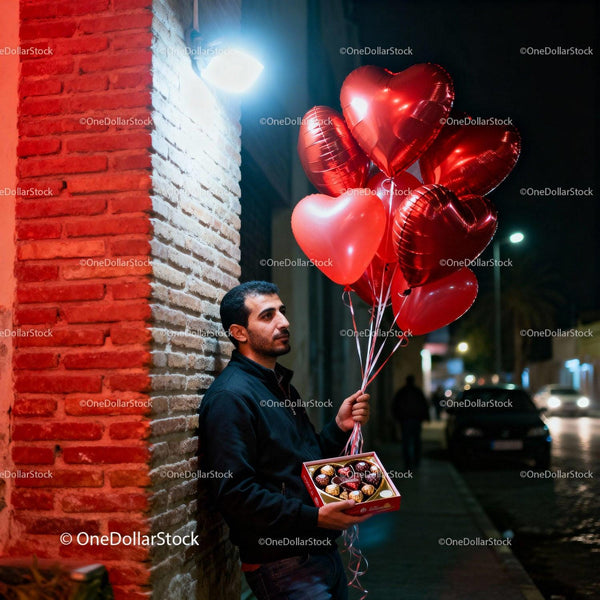 Man holding heart-shaped balloons and chocolates at night