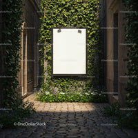 Blank billboard framed by green ivy in cobblestone alley