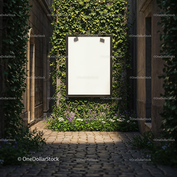 Blank billboard framed by green ivy in cobblestone alley JPG Mockup Image