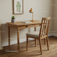 Cozy Home Office with Wooden Desk and Green Plant in Natural Light