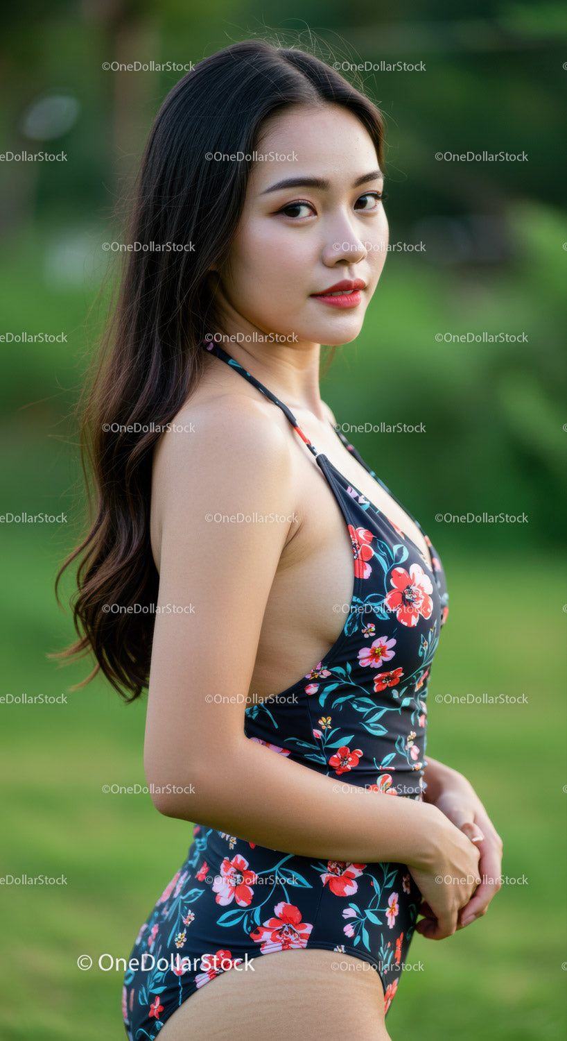 Elegant Young Woman in Floral Swimsuit Outdoors in Natural Setting